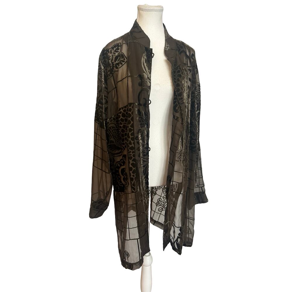 Coldwater Creek Burnout Velvet Duster Blouse Sheer Mocha Floral Y2K - Picture 6 of 15